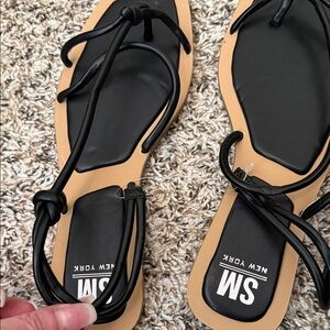 SM New York Black and Tan Strappy Flat Sandals